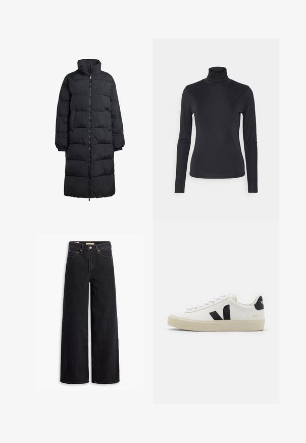 Sort pufferjakke med høj krave, fuld frontlynlås og to sidelommer; quiltet design med en blank finish og ribbede manchetter.; Sort turtleneck langærmet top lavet af et glat, strækbart stof. Har et tætsiddende design og en høj krave. Minimalistisk stil, ingen synlige mønstre.; Sorte brede benjeans lavet af denim, med fem lommer, kobbernitter og en klassisk knaplukning. Glat tekstur med et rent design.; Hvide lædersneakers med sort gummiv V-logo. Tekstureret off-white sål, hvide snørebånd og bagside med brandnavn i sort.