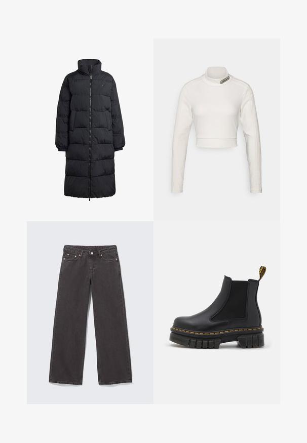 Schwarze Daunenjacke mit hohem Kragen, durchgehendem Reißverschluss und zwei Seitentaschen; gestepptes Design mit glänzendem Finish und gerippten Bündchen.; adidas Originals CROPPED - Langarmshirt - white; Schwarze Jeans mit weitem Bein aus Denim, ausgestattet mit Kupfernieten, fünf Taschen und einem Knopfverschluss. Weiche, robuste Textur, mit einem geraden Schnitt von der Taille bis zum Saum.; Schwarze Chelsea-Ankle-Boots aus Leder und Elastik. Sie verfügen über eine robuste Gummisohle, gelbe Nähte und eine Zugschlaufe an der Rückseite.