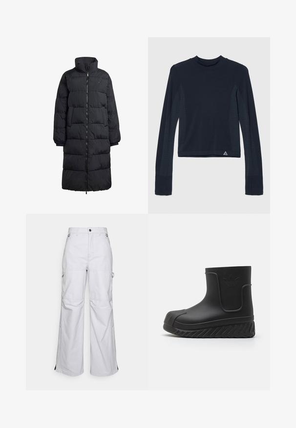 Zwarte pufferjas met een hoge kraag, volledige rits aan de voorkant en twee zijzakken; geborduurd ontwerp met een glanzende afwerking en geribde manchetten.; Mouwloze marineblauwe top in ribbeltextuur, met stipvormige accenten langs de mouwen en een hoge hals. Merklogo op de linker onderkant.; Lichtgrijze cargo broek met brede pijpen, voorzakken, riemlussen, zijzakken met rits, gestikte kniedetails en metalen ringaccenten bij de taille.; Zwarte waterdichte enkellaars met een gestructureerde rubberen zool, een gladde bovenkant, verhoogd logo en een ronde neus. Heeft een instapontwerp met een stevige constructie.