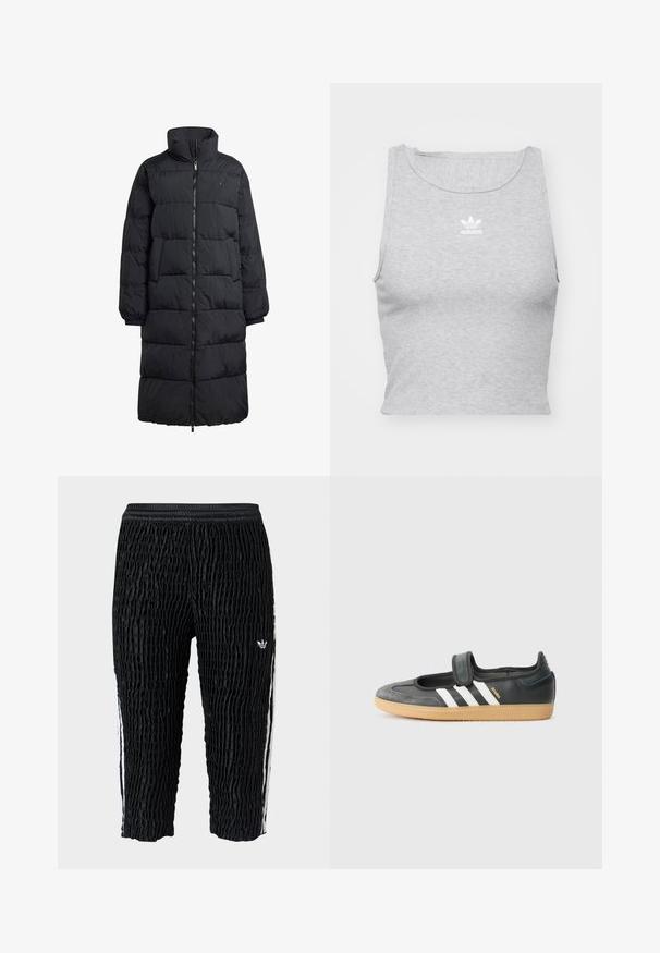 Schwarze Daunenjacke mit hohem Kragen, durchgehendem Reißverschluss und zwei Seitentaschen; gestepptes Design mit glänzendem Finish und gerippten Bündchen.; Graues, ärmelloses Crop-Top aus weichem Stoff, mit Rundhalsausschnitt und kleinem weißen Adidas-Logo auf der Brust.; Schwarze, strukturierte Adidas-Trainingshose mit elastischem Bund, weißen Seitenstreifen und kleinem weißen Adidas-Logo am Oberschenkel, in verkürzter Länge.; Schwarze Leder- und Wildledersneaker mit einem Klettverschluss, ausgestattet mit drei weißen Streifen und einer Gummisohle, beschriftet mit "SAMBA" an der Seite.