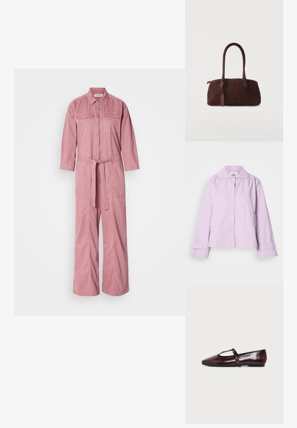 Veste lavande claire avec col, fermeture à boutons et manches longues. Confectionnée dans un tissu lisse avec une texture subtile et des détails aux poignets.; Combinaison rose à manches longues en tissu respirant. Elle présente un col, une fermeture boutonnée, deux poches poitrine, des jambes larges et une ceinture à nouer.; Chaussure plate en cuir bordeaux foncé avec un bout pointu et une fine bride en T avec une boucle argentée sur fond blanc.; Sac à main en daim marron foncé avec deux longues anses et une petite étiquette attachée, sur un fond clair uni.