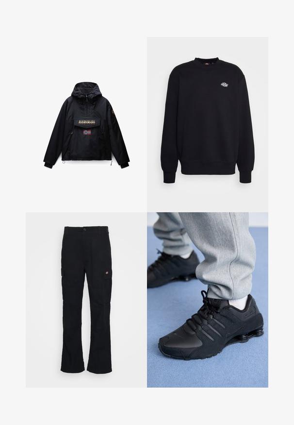 Sort hættejakke med frontlynlås, to sidelommer, en klaplomme med Napapijri-logo og et lille norsk flag under lommen.; Sort sweatshirt lavet af bomuldsblanding, med rund hals, lange ærmer og et lille hvidt logo på brystet. Simpelt, udekoreret design.; Sorte cargo bukser med lige ben-design, fremstillet af slidstærkt stof, med sidelommer og et patch-logo på venstre side.; Person iført sorte Nike Shox sneakers og grå joggingbukser, der står på lyseblåt tæppe.
