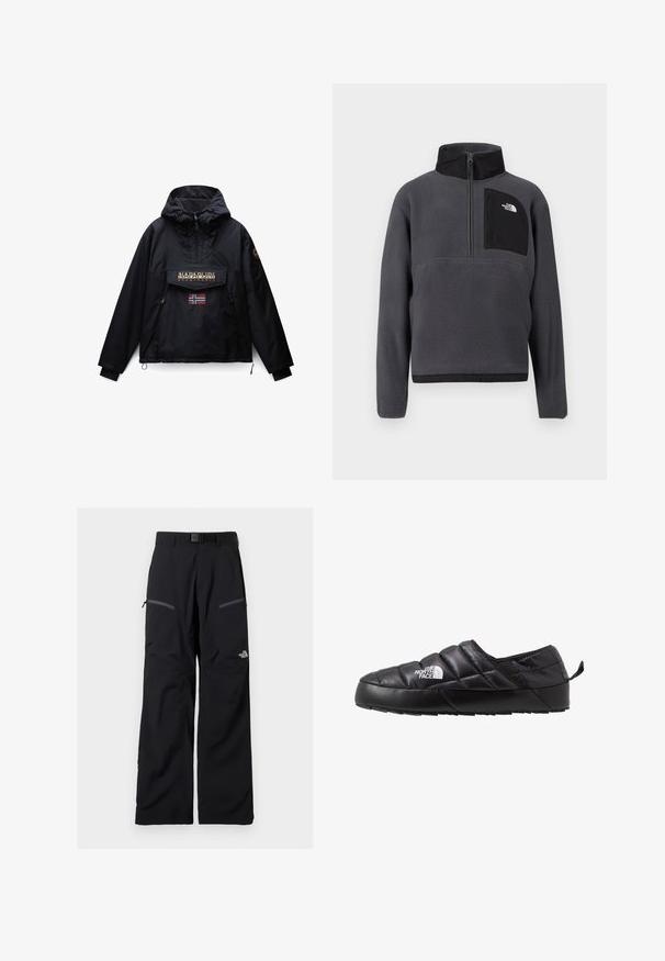 Schwarze Kapuzenjacke mit Frontreißverschluss, zwei Seitentaschen, einer Klappentasche mit Napapijri-Logo und einer kleinen norwegischen Flagge unter der Tasche.; Dunkelgrauer Fleece-Pullover mit hohem Kragen, halbseitigem Reißverschluss vorne und schwarzer Reißverschlusstasche auf der Brust mit weißem Logo auf der rechten Seite.; Schwarze Outdoor-Hose mit verstellbarem Gürtel, zwei Reißverschlusstaschen an den Oberschenkeln und The North Face-Logo am rechten Bein.; Schwarzer Slipper mit gestepptem Design, aus gepolstertem Material gefertigt. Verfügt über eine strukturierten Gummisohle und eine kleine Lasche hinten.
