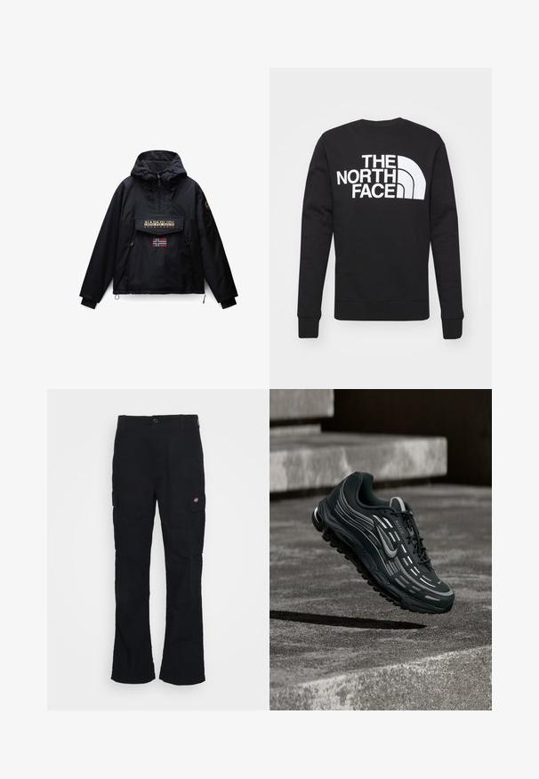 Chaqueta negra con capucha con cremallera frontal, dos bolsillos laterales, un bolsillo de solapa con el logo de Napapijri y una pequeña bandera de Noruega debajo del bolsillo.; Sudadera negra con un logotipo gráfico en blanco que dice "THE NORTH FACE" y un diseño semicircular en el pecho; puños y dobladillo de canalé.; Pantalones cargo negros con un diseño de pierna recta, hechos de tela duradera, con bolsillos laterales y un logo de parche en el lado izquierdo.; Zapatilla Nike Air Max negra y gris flotando sobre escalones de hormigón gris con fondo de suelo texturizado.