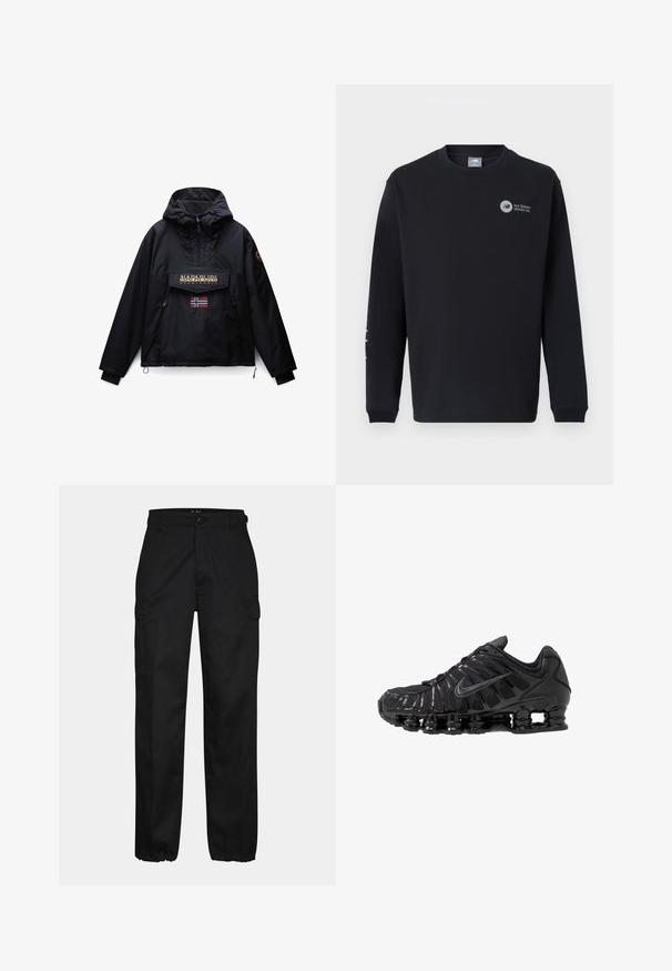 Sort hættejakke med frontlynlås, to sidelommer, en klaplomme med Napapijri-logo og et lille norsk flag under lommen.; Sort langærmet sweatshirt lavet af blødt stof. Har rund hals, ribbet manchetter og logo på bryst og ærme. Enkel, klassisk design.; Sorte cargo bukser med lige pasform, der har sidelommer, knaplukning og elastiske manchetter ved anklerne. Fremstillet af slidstærkt stof.; Sorte atletikskoser lavet af mesh og syntetiske materialer, med et karakteristisk bølget design, sort gummisål og reflekterende detaljer.