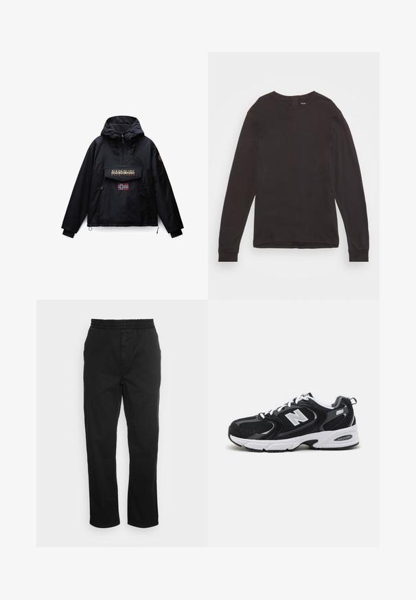 Sort hættejakke med frontlynlås, to sidelommer, en klaplomme med Napapijri-logo og et lille norsk flag under lommen.; Pier One by Zalando Langærmet T-shirt - black; Sorte bomuldsbukser med elastisk talje, lige ben og sidelommer. Glat tekstur uden mønstre eller accenter.; Sorte og grå sportssko med mesh og ruskind på overdelen, der har en hvid mellemsål, snørebånd og et iøjnefaldende "N" logo på siden.