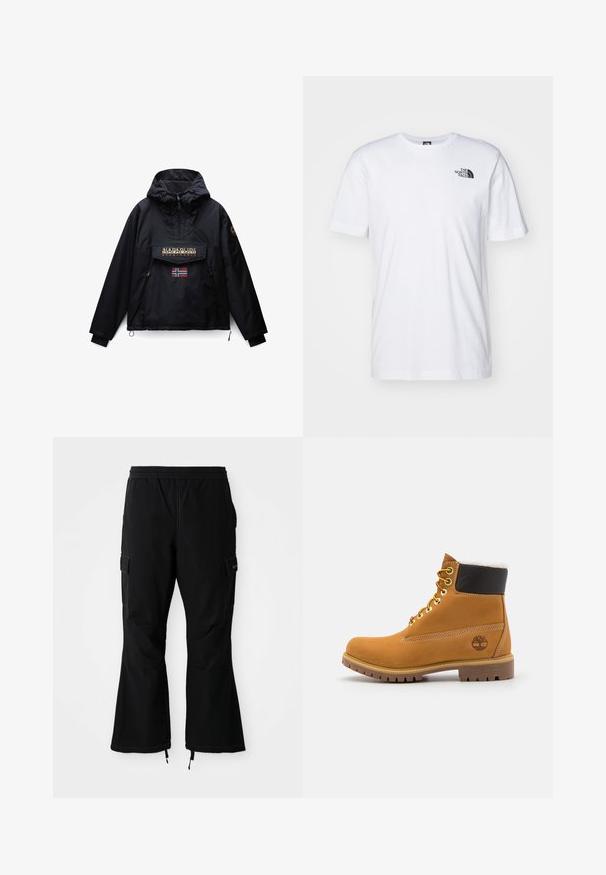 Chaqueta negra con capucha con cremallera frontal, dos bolsillos laterales, un bolsillo de solapa con el logo de Napapijri y una pequeña bandera de Noruega debajo del bolsillo.; Camiseta de algodón blanca con un logo negro de The North Face en el lado superior izquierdo del pecho. Diseño de manga corta y cuello redondo.; Pantalones cargo negros con cintura elástica, con bolsillos laterales y piernas acampanadas con cremalleras en los puños, exhibidos sobre un fondo blanco.; Botín de cuero marrón con ojales de metal, forro de piel sintética blanca, cuello acolchado negro, suela resistente y logotipo en relieve en el costado.