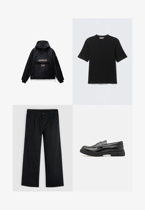 Sort hættejakke med frontlynlås, to sidelommer, en klaplomme med Napapijri-logo og et lille norsk flag under lommen.; Sort kortærmet T-shirt med rund hals og "WEEKDAY" mærke på indersiden af kraven, vist fladt på en lys baggrund.; Sorte bukser med lige ben, foran med knap og lynlås, sidelommer og bæltestropper på en ensfarvet lys baggrund.; Sort læder loafersko med en bred rem over forfoden, gummisål med tykke mønstre og glat overflade. Klassisk, slankt design.
