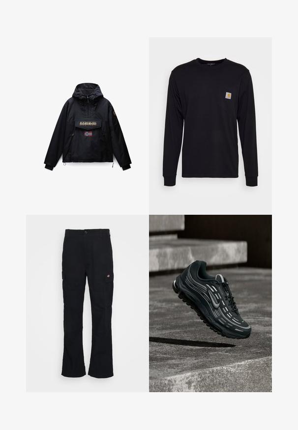 Schwarze Kapuzenjacke mit Frontreißverschluss, zwei Seitentaschen, einer Klappentasche mit Napapijri-Logo und einer kleinen norwegischen Flagge unter der Tasche.; Schwarzes Langarmshirt aus Baumwolle. Verfügt über eine Brusttasche mit einem quadratischen grauen Etikett und orangefarbigem Logo. Einfaches, einfarbiges Design.; Schwarze Cargo-Hose mit geradem Bein, aus strapazierfähigem Stoff gefertigt, mit Seitentaschen und einem aufgenähten Logo auf der linken Seite.; Schwarzer und grauer Nike Air Max Sneaker, der über graue Betonstufen mit strukturiertem Bodenhintergrund schwebt.