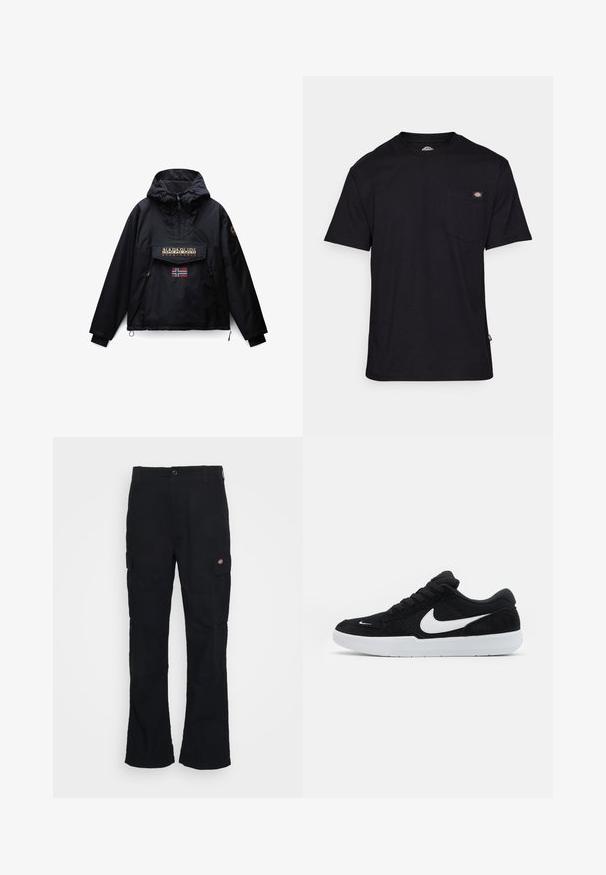 Schwarze Kapuzenjacke mit Frontreißverschluss, zwei Seitentaschen, einer Klappentasche mit Napapijri-Logo und einer kleinen norwegischen Flagge unter der Tasche.; Schwarzes Baumwoll-T-Shirt mit klassischem Rundhalsausschnitt, kurzen Ärmeln, einer Brusttasche und einem Logopatch nahe der Taschennähten. Weicher Stoff.; Schwarze Cargo-Hose mit geradem Bein, aus strapazierfähigem Stoff gefertigt, mit Seitentaschen und einem aufgenähten Logo auf der linken Seite.; Schwarze Wildledersneaker mit weißen Akzenten, runder Zehenform, dicker weißer Sohle und schwarzen Schnürsenkeln. Auffälliges weißes Nike-Logo an der Seite.