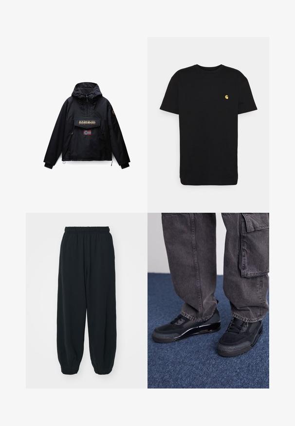 Sort hættejakke med frontlynlås, to sidelommer, en klaplomme med Napapijri-logo og et lille norsk flag under lommen.; Sort bomulds t-shirt med korte ærmer, rund halsudskæring og et lille gult logo på venstre brystområde. Enkel design og almindelig pasform.; Sorte svedbukser med elastisk talje, løs pasform, afsluttede ankler, glat tekstur og uden synlige mønstre eller hardware-detaljer.; Sorte sportsko med en struktureret overflade, glatte detaljer og en kraftig sål, der er parret med mørke, løstsiddende cargo-bukser.