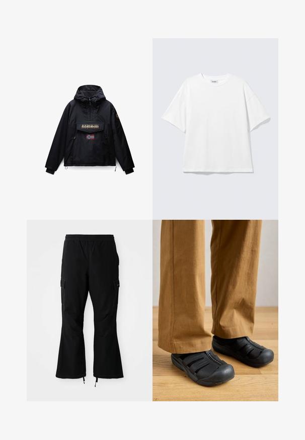 Chaqueta negra con capucha con cremallera frontal, dos bolsillos laterales, un bolsillo de solapa con el logo de Napapijri y una pequeña bandera de Noruega debajo del bolsillo.; Camiseta blanca de gran tamaño con mangas cortas, cuello redondo y hombros caídos, plana sobre fondo gris claro.; Pantalones cargo negros con cintura elástica, con bolsillos laterales y piernas acampanadas con cremalleras en los puños, exhibidos sobre un fondo blanco.; Zapatos negros tipo slip-on con suela de goma, con cierre de cremallera y diseños recortados, combinados con pantalones anchos color marrón claro sobre un suelo de madera.