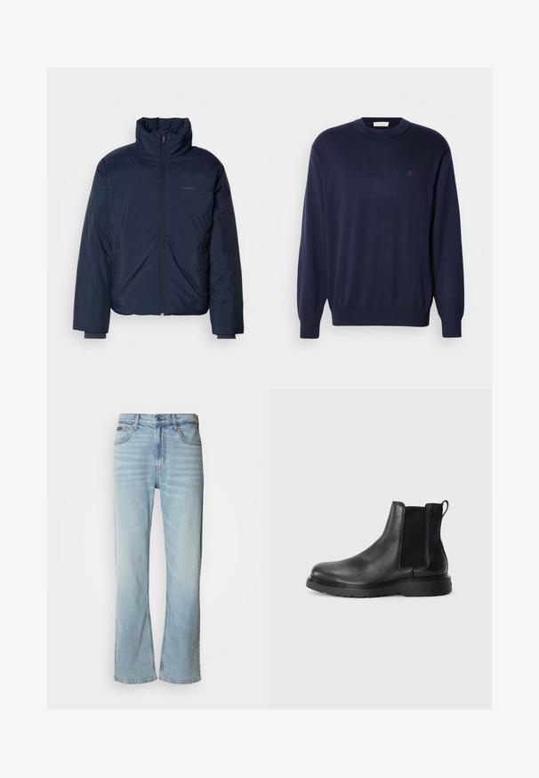 Námornícky prešívaný puff jacket s vysokým golierom a plným predným zipsom. Obsahuje zipsové bočné vrecká a rebrované manžety pre extra teplo.; Tmavomodrý sveter z mäkkej tkaniny, s guľatým výstrihom, rebrovanými manžetami a lemom. Malé vyšité logo na hrudi. Klasický strih.; Svetlo modré džínsy so strihom rovného nohavice, obsahujúce päť vreciek, zapínanie na gombík a jemné vyblednutie na látke.; Čierne kožené chelsea čižmy s textúrovaným povrchom, elastickými bočnými panelmi a pevným gumovým podpätkom. Diskrétny branding na päte.