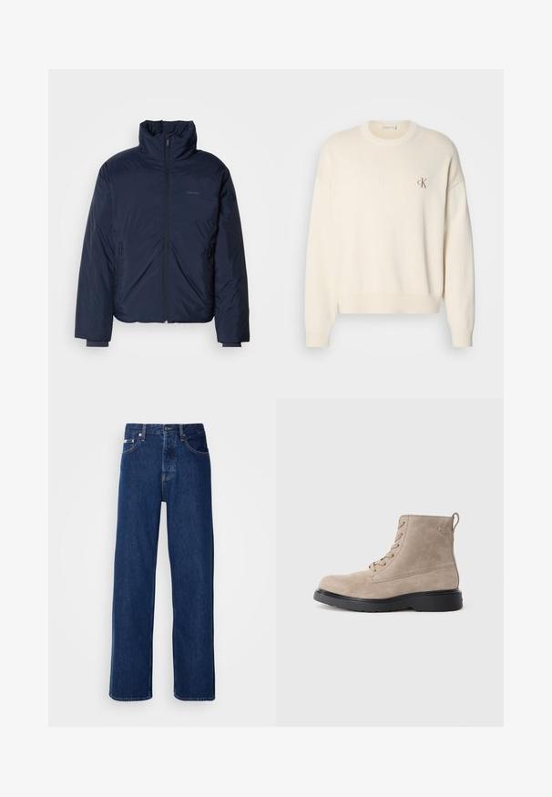 Námornícky prešívaný puff jacket s vysokým golierom a plným predným zipsom. Obsahuje zipsové bočné vrecká a rebrované manžety pre extra teplo.; Krémový pletený sveter s rebrovanou textúrou, okrúhlym výstrihom a spustenými ramenami. Obsahuje malú hnedú vyšívanú značku na hrudi.; Tmavomodré džínsy s širokým strihom, s gombíkovým zapínaním a klasickým piatym vreckovým dizajnom. Tkanina má hladkú textúru.; Béžové semišové členkové topánky s čiernou gumovou podrážkou, zaviazaním, malým embosovaným logom na boku a so stahovacím pásikom na zadnej strane.
