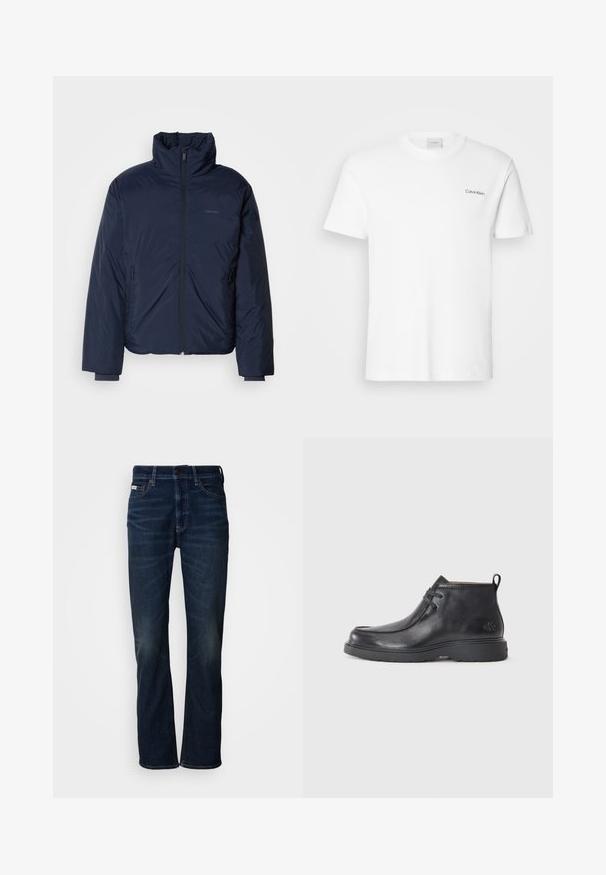 Námornícky prešívaný puff jacket s vysokým golierom a plným predným zipsom. Obsahuje zipsové bočné vrecká a rebrované manžety pre extra teplo.; Biela bavlnená tričko s krátkymi rukávmi a okrúhlym výstrihom. Na ľavej strane hrude sa nachádza malé čierne logo "Calvin Klein".; Tmavomodré džínsy s rovnými nohavicami, jemne vyblednuté, so zapínaním na gombík a tradičným päťvreckovým dizajnom.; Čierne kožené členkové čižmy s okrúhlou špičkou, šnurovací dizajn a pútko na zadnej strane. Štruktúrovaný zvršok a gumová podrážka.