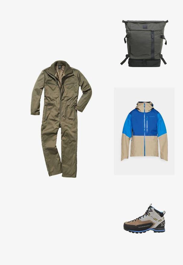 Veste d'extérieur colorée avec une partie supérieure bleue, une partie inférieure beige, une fermeture éclair à l'avant et une capuche. Comprend des poches zippées à l'avant.; Combinaison olive en tissu résistant, avec un zip sur le devant, un col côtelé et plusieurs poches zippées à la poitrine et sur les côtés.; Botte de randonnée montante en suédine grise avec des accents en cuir marron. Semelle extérieure en caoutchouc noir avec des crampons de traction. Elle est équipée de lacets et de quincaillerie bleus et jaunes.; Sac à dos en tissu vert avec un design à rabat, poche frontale zippée, bretelles réglables et un panneau inférieur noir. Présente une surface texturée.