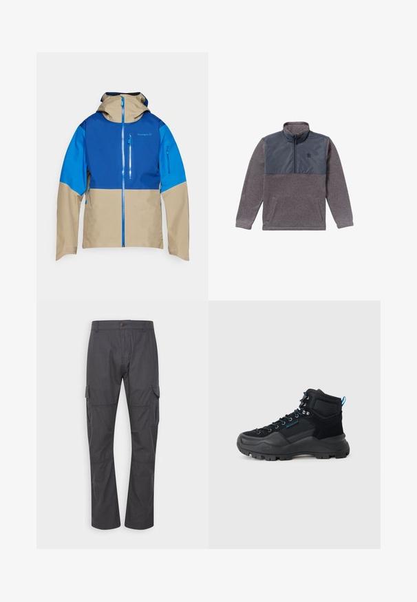 Veste d'extérieur colorée avec une partie supérieure bleue, une partie inférieure beige, une fermeture éclair à l'avant et une capuche. Comprend des poches zippées à l'avant.; Pull polaire gris à manches longues pour homme avec panneau poitrine en nylon bleu marine et col à fermeture éclair sur un quart, avec deux poches avant.; Pantalon cargo gris foncé avec une coupe droite, doté de poches latérales, d'une fermeture à un bouton et de détails de couture renforcée.; Bottes de randonnée noires avec une combinaison de matériaux synthétiques texturés et de maille, présentant des accents bleus, des œillets en métal et une semelle robuste.