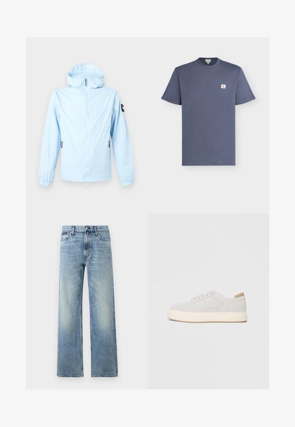 Veste à capuche bleu clair avec fermeture éclair à l'avant, poignets élastiques, poches latérales zippées et un petit patch noir sur la manche gauche.; T-shirt bleu à manches courtes avec col rond, avec un petit patch logo carré blanc comportant les lettres rouges "cK" sur la poitrine gauche.; Jean droit en denim bleu clair avec taille haute, cinq poches, fermeture à boutons et léger délavage sur les cuisses et les genoux.; Baskets gris clair avec une tige synthétique lisse, un bout rond et une semelle intermédiaire texturée couleur crème. Accents beige clair au niveau du talon.