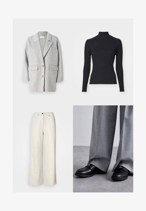 Grijze wollen blazer, gestructureerd ontwerp, notch lapel, twee voorzakken, twee houten knopen, zachte textuur, ontspannen pasvorm, minimalistische stijl.; Zwarte geribde coltrui met lange mouwen. Gemaakt van rekbare stof met een getailleerde pasvorm en hoge kraag. Eenvoudig ontwerp zonder versieringen.; Crème wijde benen broek van gladde stof. Heeft een mid-rise taille, ritssluiting en twee voorzakken met zwarte hardware accenten.; Zwarte leren loafers met een ronde neus, voorzien van gouden hardware accenten, gedragen met brede grijze broeken van een gestructureerde stof.