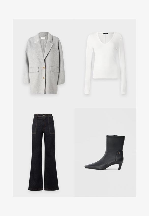 Grå uld blazer, struktureret design, notch revers, to frontlommer, to træknapper, blød tekstur, afslappet pasform, minimalistisk stil.; Hvid langærmet top lavet af ribbet stof, med en dyb V-hals og tætsiddende design, uden synlige kanter og med en glat tekstur.; Bredde mørk denim jeans med høj talje, der har orange syninger og to forlommer. Glat tekstur, ren finish, klassisk design.; Sorte læder ankelstøvler med spids tå og en lav hæl. Har en glat overflade og et lille guld logo detalje på siden.
