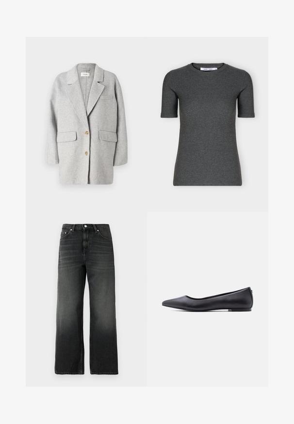 Grå uld blazer, struktureret design, notch revers, to frontlommer, to træknapper, blød tekstur, afslappet pasform, minimalistisk stil.; Mørkegrå strikket T-shirt med korte ærmer, rund hals, slank pasform og ensfarvet design vist på hvid baggrund.; Sorte denim jeans med en afslappet pasform, lige ben design, falmet tekstur, fem-lomme stil og sølvknaplukning i taljen.; Sort flad lædersko med spidst tåparti og lav hæl, vist i sideprofil mod en hvid baggrund.