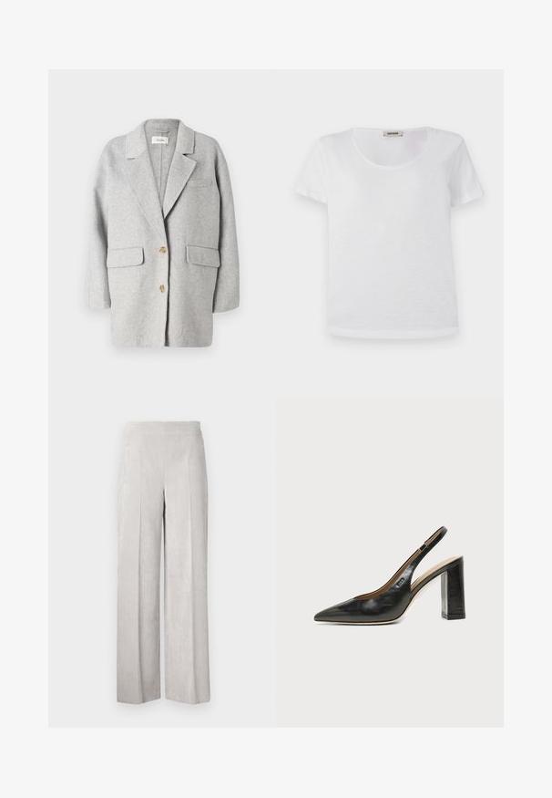 Blazer de lana gris, diseño estructurado, con solapa muesca, dos bolsillos frontales, dos botones de madera, textura suave, corte relajado, estilo minimalista.; Camiseta blanca de manga corta, hecha de una tela suave, con cuello redondo y dobladillo recto, sin patrones visibles ni acentos.; Pantalones de pana anchos en gris claro con una textura suave, que presentan un ribete vertical y una cinturilla alta para un ajuste relajado.; Zapato slingback de piel negra con puntera puntiaguda, tacón alto y ancho, y forro interior beige sobre un fondo claro y liso.