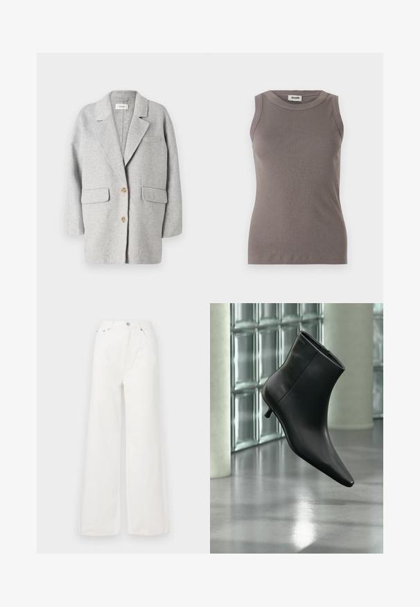 Blazer de lana gris, diseño estructurado, con solapa muesca, dos bolsillos frontales, dos botones de madera, textura suave, corte relajado, estilo minimalista.; Top de tirantes gris con cuello redondo y diseño sin mangas, confeccionado en una suave tela texturizada. Silueta simple y ajustada.; Jeans de mezclilla de cintura alta y pierna ancha en color blanco. Cuenta con bolsillos delanteros, un cierre de botón y detalles de dobladillo deshilachado.; Botín negro de cuero con punta puntiaguda y tacón bajo estilo kitten, mostrado en ángulo sobre un suelo pulido y con una pared de bloques de vidrio de fondo.