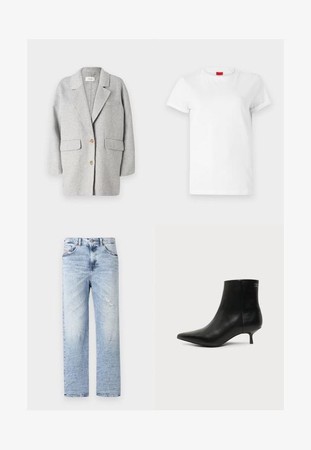 Grijze wollen blazer, gestructureerd ontwerp, notch lapel, twee voorzakken, twee houten knopen, zachte textuur, ontspannen pasvorm, minimalistische stijl.; Witte T-shirt met korte mouwen, gemaakt van lichtgewicht katoen. Heeft een ronde hals en opgerolde mouwen. Rode merketiket op de kraag.; Lichtblauwe denim jeans met een rechte pasvorm, voorzien van lichte slijtage en een traditionele vijf-pocket indeling. Klassieke tailleband met knop.; Zwart leren enkellaars met puntige neus en lage kittenhak op lichte achtergrond, zijaanzicht buitenkant.