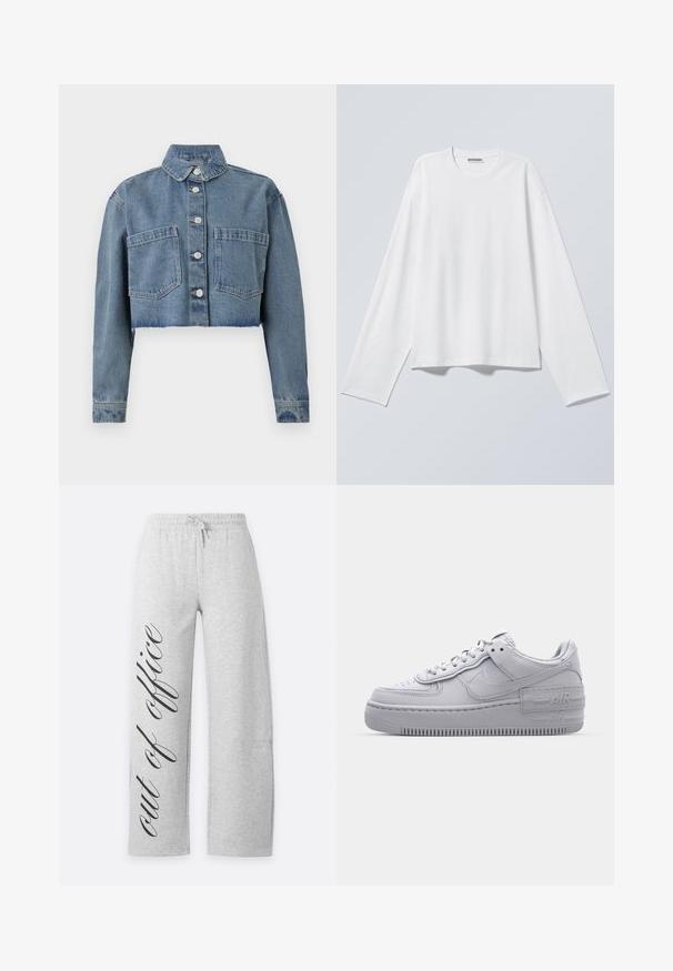 Abgeschnittene Jeansjacke in Hellblau mit spitzem Kragen, vorderem Knopfverschluss und zwei Brusttaschen. Ausgefaserter Saum und lange Ärmel.; Schlichtes weißes Langarmshirt mit Rundhalsausschnitt und leicht lockerer Passform, flach auf einem hellgrauen Hintergrund dargestellt.; Hellgraue Sweatpants mit elastischem Bund und Kordelzug, mit schwarzem kursive Schrift "out of office" entlang des linken Beins.; Graue Nike Air Force 1 Sneaker mit perforierter Zehenpartie, Obermaterial aus glattem Leder, dicker Sohle und geprägtem 'AIR'-Detail an der Ferse.