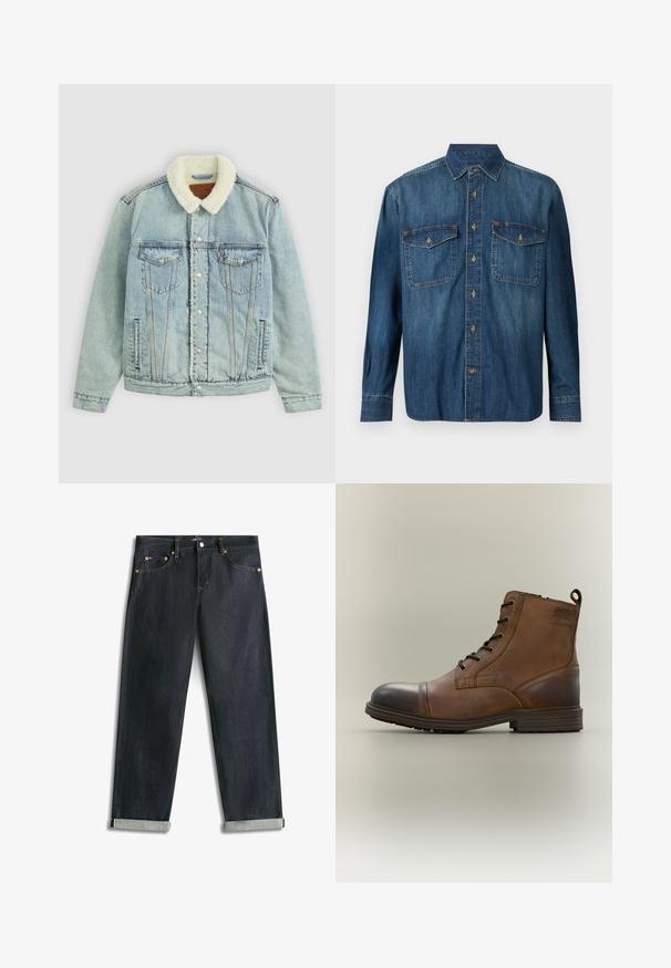 Chaqueta de denim azul claro con un cuello de peluche blanco. Presenta bolsillos en el pecho, botones a presión y un ajuste relajado con detalles de costura visibles.; Camisa de mezclilla de manga larga con botones, con dos bolsillos en el pecho y puños abotonados en un lavado azul medio.; Vaqueros de mezclilla azul oscuro con puños enrollados, cinco bolsillos y costuras de contraste, extendidos planos sobre un fondo blanco.; Bota de cuero marrón con cordones hasta el tobillo, puntera negra, suela redonda y detalle de marca en el lateral sobre un fondo liso.