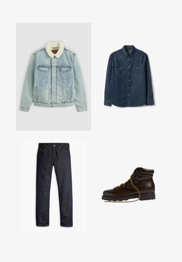 Lichtblauwe denimjack met een fuzzy, witte kraag. Heeft borstzakken, drukknoopsluitingen en een ontspannen pasvorm met zichtbare stikdetails.; Donkerblauw denim overhemd met lange mouwen, drukknoopsluiting aan de voorkant, twee borstzakken met kleppen en drukknoopsluiting, en een puntige kraag.; Donkerblauwe spijkerbroek met een rechte pasvorm, vijf zakken, koperen klinknagels, gele stiksels en een duidelijke textuur in de stof.; Bruine leren wandelschoen met een ronde neus, gestructureerd oppervlak, gele veters en metalen oogjes. Heeft een robuuste zwarte rubberen zool.