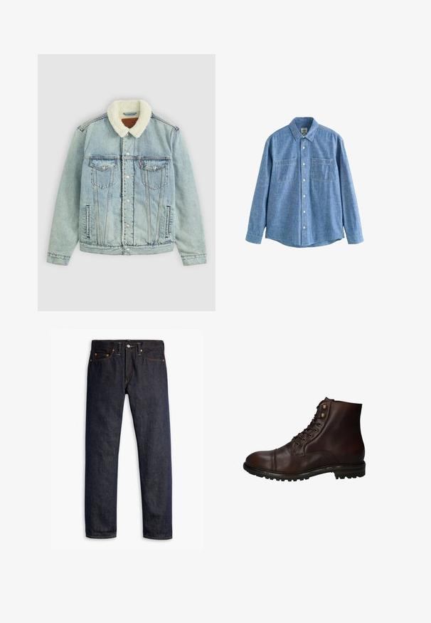 Chaqueta de denim azul claro con un cuello de peluche blanco. Presenta bolsillos en el pecho, botones a presión y un ajuste relajado con detalles de costura visibles.; Camisa azul de chambray de manga larga con botones al frente y dos bolsillos en el pecho, desplegada sobre un fondo blanco.; Vaqueros de denim azul oscuro con corte recto, diseño de cinco bolsillos, remaches de cobre, costuras amarillas y una tela texturizada distintiva.; Bota de tobillo de cuero marrón oscuro con cordones, suela de goma resistente y ojales de metal, vista desde el lado exterior.