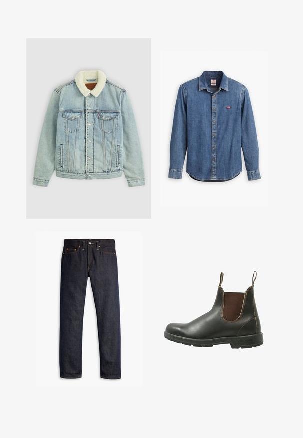 Lyseblå denimjakke med en fluffy, hvid krave. Har brystlommer, trykknapper og en afslappet pasform med synlige sydetaljer.; Denimskjorte i mørkeblå med skjortekrave, lange ærmer, stikninger og et lille rødt logo på brystlommen.; Mørkeblå denimjeans med lige pasform, fem-lomme design, kobbernitter, gul syning og et markant struktureret stof.; Chelsea støvle lavet af glat sort læder med brune elastiske sidepaneler, kontrastsyet, og en struktureret gummisål.