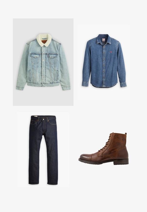 Hellblaues Denim-Jackett mit einem flauschigen, weißen Kragen. Verfügt über Brusttaschen, Druckknöpfe und einen relaxed Fit mit sichtbaren Nähdetails.; Dunkelblauses Denimhemd mit Button-Down-Kragen, langen Ärmeln, gestickten Akzenten und einem kleinen roten Logo im Bereich der Brusttasche.; Dunkelblaue Jeans aus Denim mit geradem Bein, orangefarbener Naht und Fünf-Taschen-Stil sowie einer Metallknopfverschluss.; Braune Leder-Ankle-Boots mit Schnürdesign, abgerundeter Spitze, Gummisohle und dezentem tonalen Stich. Verfügt über eine kleine Schlaufe auf der Rückseite.