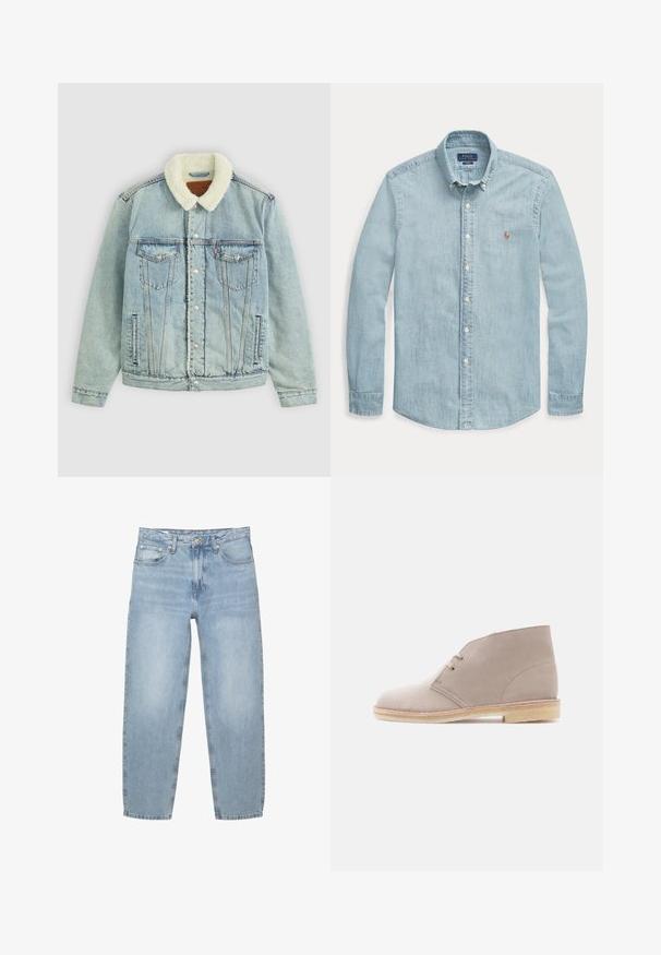 Lichtblauwe denimjack met een fuzzy, witte kraag. Heeft borstzakken, drukknoopsluitingen en een ontspannen pasvorm met zichtbare stikdetails.; Lichtblauw denimshirt met lange mouwen, button-down kraag, witte knopen en een klein geborduurd Polo Ralph Lauren-logo op de borst.; Lichtblauwe denim jeans, losse pasvorm, hoge taille, ontwerp met vijf zakken, knoop- en ritssluiting, rechte pijpen met een licht uitgerafelde zoom.; Beige suède enkellaars met vetersluiting met twee oogjes, crêpezool en lage gestapelde hak, getoond vanaf de zijkant tegen een effen achtergrond.