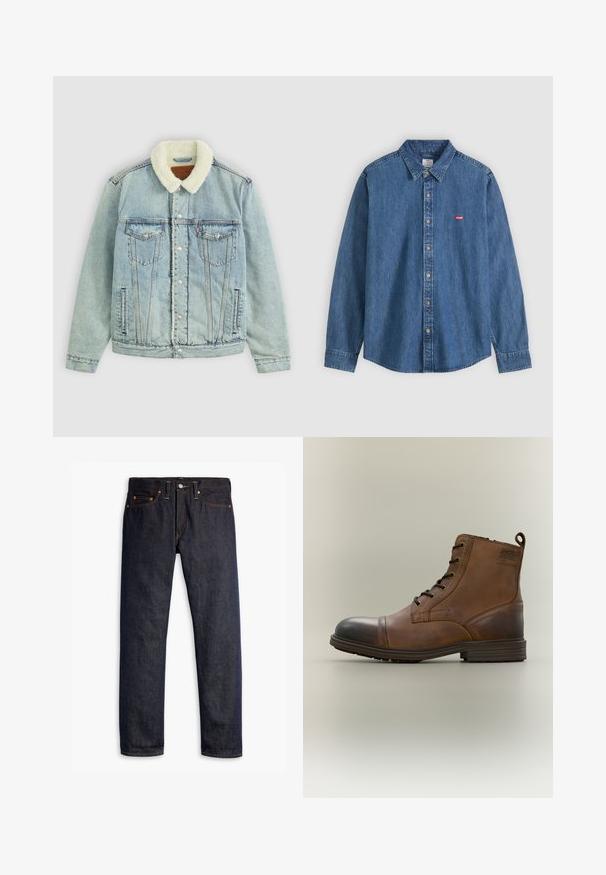 Lichtblauwe denimjack met een fuzzy, witte kraag. Heeft borstzakken, drukknoopsluitingen en een ontspannen pasvorm met zichtbare stikdetails.; Blauw denim bloes met lange mouwen, kraag en beige knopen, met een klein rood Levi's-logo op de linkerborst.; Donkerblauwe spijkerbroek met een rechte pasvorm, vijf zakken, koperen klinknagels, gele stiksels en een duidelijke textuur in de stof.; Bruine leren enkellaars met veters, zwarte neuskap, ronde zool en merkdetail aan de zijkant tegen een effen achtergrond.