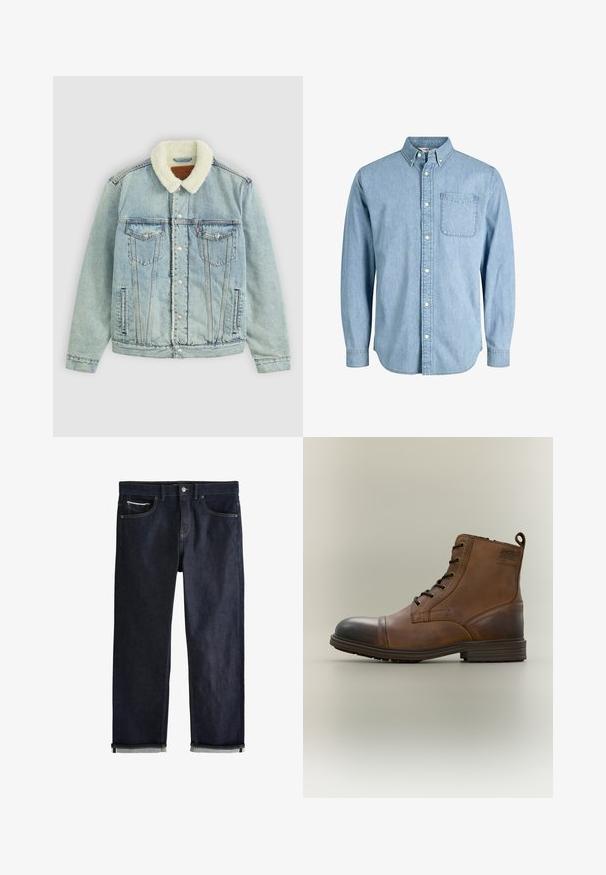 Hellblaues Denim-Jackett mit einem flauschigen, weißen Kragen. Verfügt über Brusttaschen, Druckknöpfe und einen relaxed Fit mit sichtbaren Nähdetails.; Hellblaues Denim-Hemd mit Knöpfen, langen Ärmeln, Kragen, Fronttasche und dezenter Textur. Verfügt über weiße Knöpfe entlang der Knopfleiste.; Dunkelblaue Jeans aus Denim mit klassischem geradem Schnitt, fünf Taschen, Knopfverschluss und umgeschlagenen Bündchen, die eine hellblaue Innenseite zeigen.; Brauner Leder-Schnürstiefel bis zum Knöchel mit schwarzer Zehenkappe, runder Sohle und Markenlabel an der Seite vor schlichtem Hintergrund.