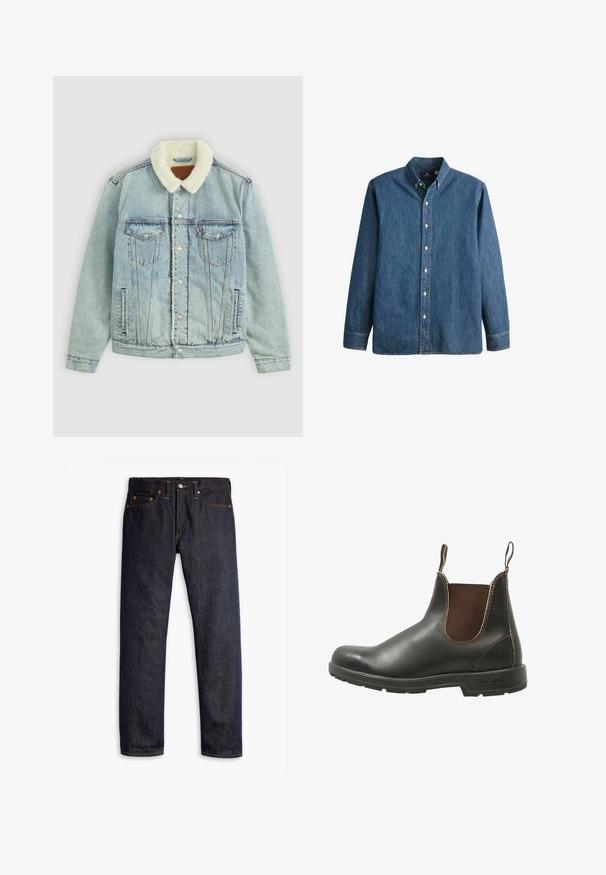 Lichtblauwe denimjack met een fuzzy, witte kraag. Heeft borstzakken, drukknoopsluitingen en een ontspannen pasvorm met zichtbare stikdetails.; Denim overhemd met knopen in middelblauwe kleur, met lange mouwen, een puntkraag, witte knopen en een getailleerde pasvorm met subtiele geborduurde logo.; Donkerblauwe spijkerbroek met een rechte pasvorm, vijf zakken, koperen klinknagels, gele stiksels en een duidelijke textuur in de stof.; Chelsea-boots van glad zwart leer met bruine elastische zijpanelen, contrasterende stiksels en een gestructureerde rubberen zool.