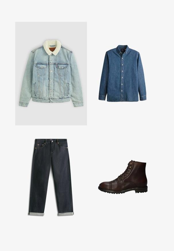 Lyseblå denimjakke med en fluffy, hvid krave. Har brystlommer, trykknapper og en afslappet pasform med synlige sydetaljer.; Denim button-up skjorte i mellemblå, med lange ærmer, spidse kraver, hvide knapper og en tætsiddende pasform med diskret logo broderi.; Mørkeblå denimjeans med opsmøgede bukseben, fem lommer og kontrastsyning, lagt fladt på en hvid baggrund.; Mørkebrun læder snørebånd ankelstøvle med robuste gummisål og metaløjer, set fra den ydre side.