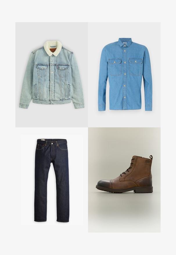 Chaqueta de denim azul claro con un cuello de peluche blanco. Presenta bolsillos en el pecho, botones a presión y un ajuste relajado con detalles de costura visibles.; Camisa de denim azul claro con mangas largas, cierre frontal de botones, dos bolsillos en el pecho, cuello puntiagudo y botones dorados. Textura suave, diseño casual.; Jeans de mezclilla azul oscuro con un diseño de pierna recta, costuras naranjas y estilo de cinco bolsillos con cierre de botón metálico.; Bota de cuero marrón con cordones hasta el tobillo, puntera negra, suela redonda y detalle de marca en el lateral sobre un fondo liso.