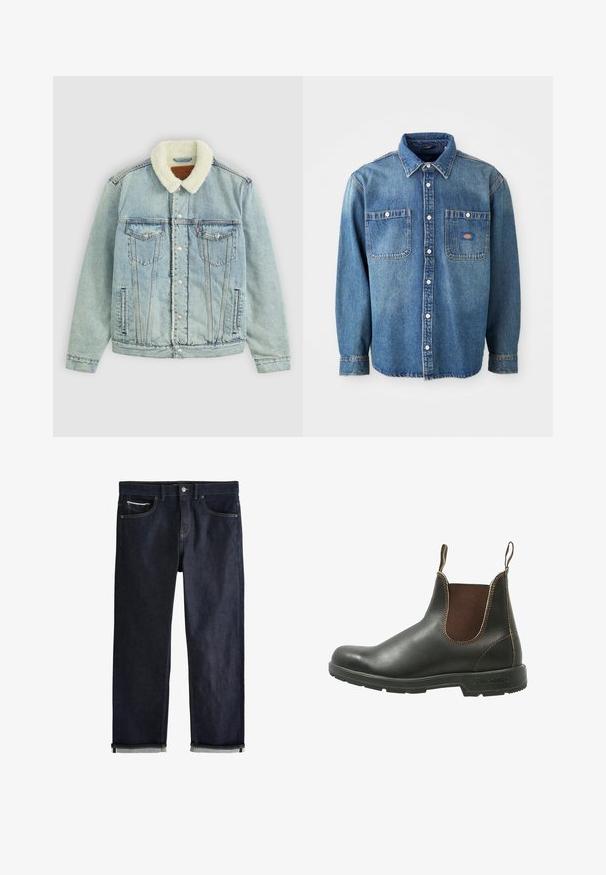 Hellblaues Denim-Jackett mit einem flauschigen, weißen Kragen. Verfügt über Brusttaschen, Druckknöpfe und einen relaxed Fit mit sichtbaren Nähdetails.; Jeanshemd in Mittelblau, mit spitzem Kragen, zwei Brusttaschen und silbernen Knöpfen. Lange Ärmel mit Knopfmanschetten.; Dunkelblaue Jeans aus Denim mit klassischem geradem Schnitt, fünf Taschen, Knopfverschluss und umgeschlagenen Bündchen, die eine hellblaue Innenseite zeigen.; Chelsea-Boots aus glattem schwarzem Leder mit braunen elastischen Seitenteilen, kontrastierenden Nähten und einer strukturierten Gummisohle.
