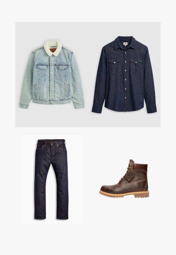 Chaqueta de denim azul claro con un cuello de peluche blanco. Presenta bolsillos en el pecho, botones a presión y un ajuste relajado con detalles de costura visibles.; Camisa de mezclilla azul oscuro con cuello puntiagudo, botones a presión y bolsillos en el pecho. Cuenta con detalles de costura y mangas largas.; Jeans de mezclilla rectos de color azul oscuro con cinco bolsillos y costuras en contraste naranjas, presentados planos sobre un fondo blanco.; Botín de cuero marrón hasta el tobillo con punta redonda, suela resistente, herrajes en tono dorado y parte superior texturizada. Incluye una etiqueta con el logo adjunta.
