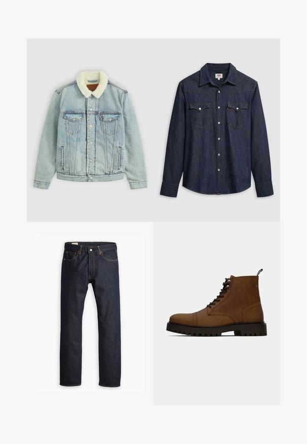 Lyseblå denimjakke med en fluffy, hvid krave. Har brystlommer, trykknapper og en afslappet pasform med synlige sydetaljer.; Mørkeblå denimskjorte med spids krave, trykknapper og brystlommer. Har syningsdetaljer og lange ærmer.; Mørkeblå denimjeans med lige ben, orange syninger og fem lomme-design med metalspænde.; Brun læder snørefri ankelstøvle med tyk sort sål og hængslet på en hvid baggrund.