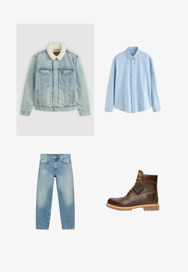 Lyseblå denimjakke med en fluffy, hvid krave. Har brystlommer, trykknapper og en afslappet pasform med synlige sydetaljer.; Lyseblå denimskjorte med lange ærmer, knapper og krave, medium størrelse, vist mod en hvid baggrund.; Blå straight-leg denim jeans med forlommer og bæltestropper, der viser let falmede detaljer på lår og knæ.; Brun læder ankelstøvle med rund tå, solid sål, hardware i guldtone og en tekstureret overdel. Inkluderer et logo-tagfæstet.
