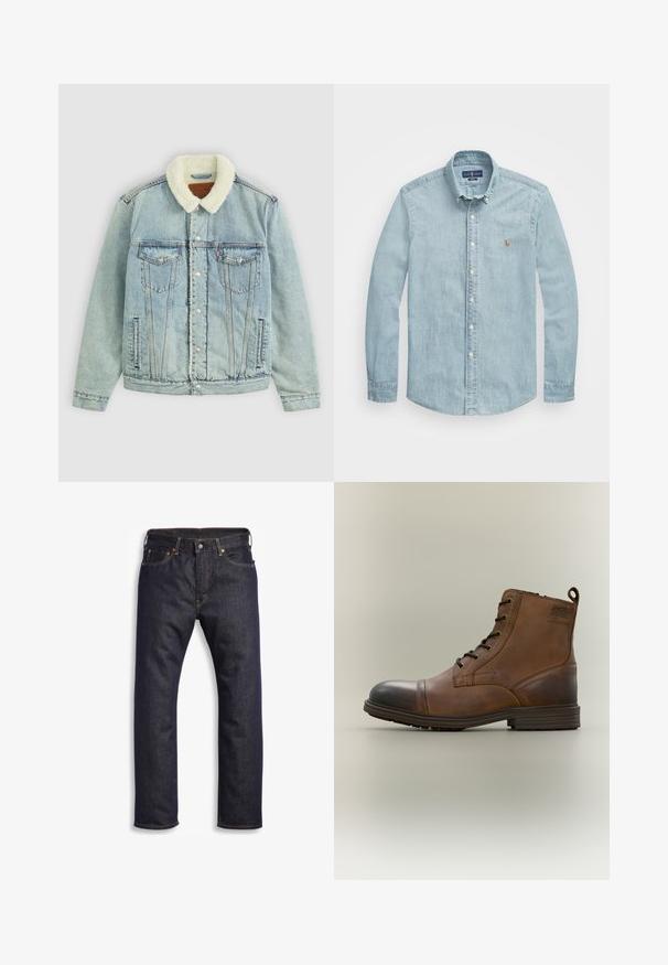 Hellblaues Denim-Jackett mit einem flauschigen, weißen Kragen. Verfügt über Brusttaschen, Druckknöpfe und einen relaxed Fit mit sichtbaren Nähdetails.; Hellblaues Denim-Hemd mit Button-Down-Kragen, langen Ärmeln und klassischer Passform. Verfügt über ein kleines gesticktes Emblem auf der linken Brust.; Dunkelblaue Jeans aus Denim mit geradem Schnitt, Fünf-Taschen-Design, metallischen Komponenten und kontrastierenden orangen Nähten. Glatte Textur, keine sichtbaren Muster.; Brauner Leder-Schnürstiefel bis zum Knöchel mit schwarzer Zehenkappe, runder Sohle und Markenlabel an der Seite vor schlichtem Hintergrund.
