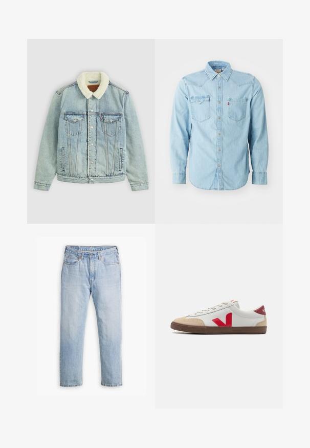 Lyseblå denimjakke med en fluffy, hvid krave. Har brystlommer, trykknapper og en afslappet pasform med synlige sydetaljer.; Lys blå denim skjorte med lange ærmer, spids krave, to brystlommer, sølvnapsknapper og kontrastsyninger. Glat tekstur.; Lysblå denimjeans med lige bendesign, fem lomme stil og kontrastsyet. Knap- og lynlåslukning i taljen.; Hvide lædersneakers med rød V-logo, beige ruskind toe cap og brun gummisål. Har klassisk snørelukning og polstret krave.