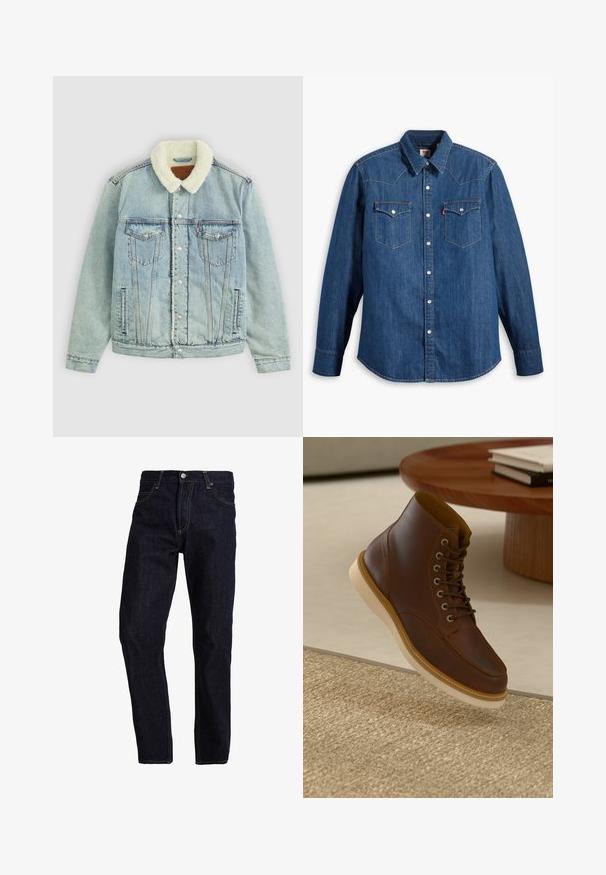 Lyseblå denimjakke med en fluffy, hvid krave. Har brystlommer, trykknapper og en afslappet pasform med synlige sydetaljer.; Denim skjorte i mørkeblå med lange ærmer, spids krave og trykknapper. Har to brystlommer med klapper og kontrastsying.; Mørkeblå denim jeans med lige pasform, med gul syning, fem lommer og en klassisk knap- og lynlås lukning.; Brune læderankelstøvle med beige sål på et struktureret beige tæppe ved siden af et rundt træbord med stakke af bøger.