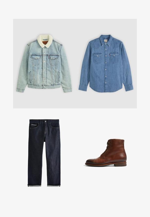 Hellblaues Denim-Jackett mit einem flauschigen, weißen Kragen. Verfügt über Brusttaschen, Druckknöpfe und einen relaxed Fit mit sichtbaren Nähdetails.; Langärmliges blaues Jeanshemd mit spitzem Kragen, geknöpfter Vorderseite und zwei Brusttaschen mit Knopfklappen vor einfarbigem Hintergrund.; Dunkelblaue Jeans aus Denim mit umgeschlagenen Bündchen, Knopf- und Reißverschluss, Vorder- und Münztaschen und kontrastierenden Nähten vor weißem Hintergrund.; Braune Leder-Stiefeletten mit runder Zehenform, 6 Ösen und einer glatten, strukturierten Oberfläche. Mit niedrigem, gestapeltem Absatz und kontrastierenden Nähten.