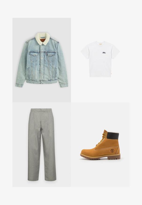 Hellblaues Denim-Jackett mit einem flauschigen, weißen Kragen. Verfügt über Brusttaschen, Druckknöpfe und einen relaxed Fit mit sichtbaren Nähdetails.; Weißes Kurzarm-T-Shirt mit Rundhalsausschnitt und kleinem schwarzem Schriftlogo auf der linken Brust mit der Aufschrift „Blkris.“; Graue maßgeschneiderte Hose aus strukturiertem Stoff mit geradem Bein, Bundfalten und einem Standardbund mit Gürtelschlaufen.; Braune Leder-Ankle-Boots mit Metallösen, weißem Kunstfellfutter, schwarzem gepolstertem Kragen, robustem Sohlenprofil und geprägtem Logo an der Seite.