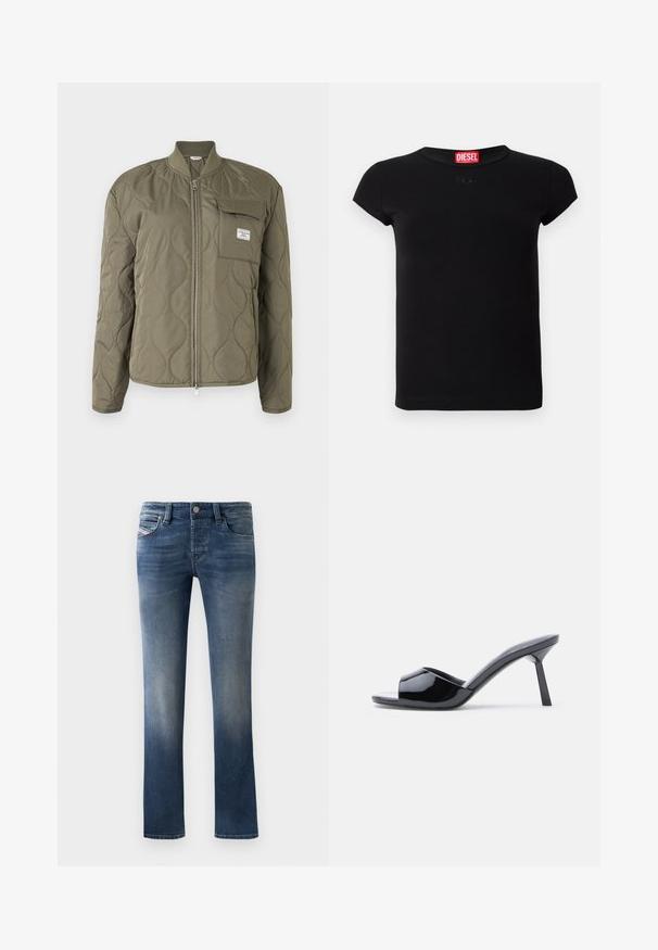 Olijfgroene gewatteerde jas met ritssluiting aan de voorkant, geribde kraag en borstzak met klep en merkembleem.; Zwarte korte mouwen fitted t-shirt met ronde halslijn en rood Diesel logo label binnenin de kraag.; Donkerblauwe denim jeans met een rechte pasvorm, voorzien van lichte vervaging op de dijen en een klassieke vijf-pocket stijl.; Zwarte lakleren open-teen sandalen met hak, met een gebogen bovenkant ontwerp en een taps toelopende naaldhak. Gladde glanzende afwerking.